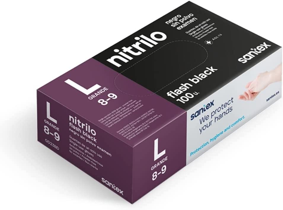 Santex Flash Black Pack de 100 Guantes de Nitrilo Talla L - 6 gramos - Sin Polvo - Libre de Latex - No Esteriles - Color Negro