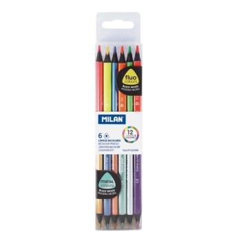 Caja 6 lápices bicolor triangulares madera negra (colores fluo + metalizados)